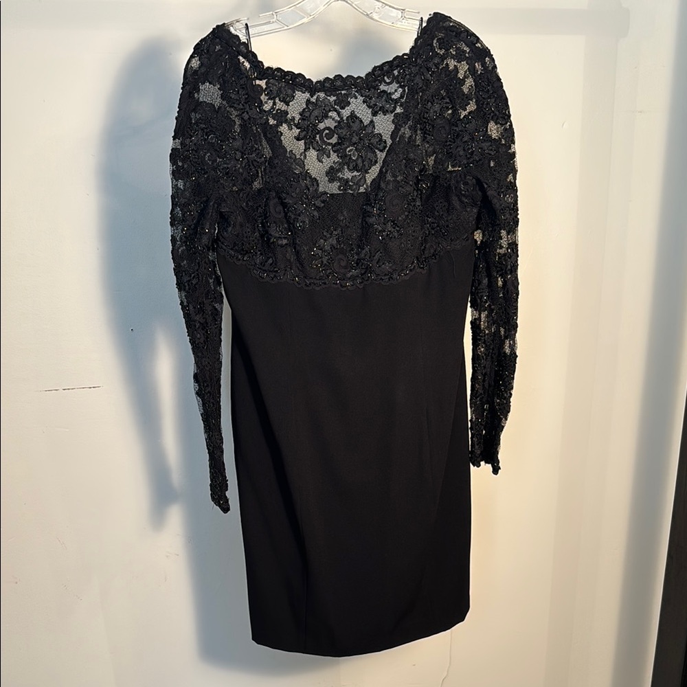 Carmen Marc Valvo Black Sheath Dress with Bishop Sleeves